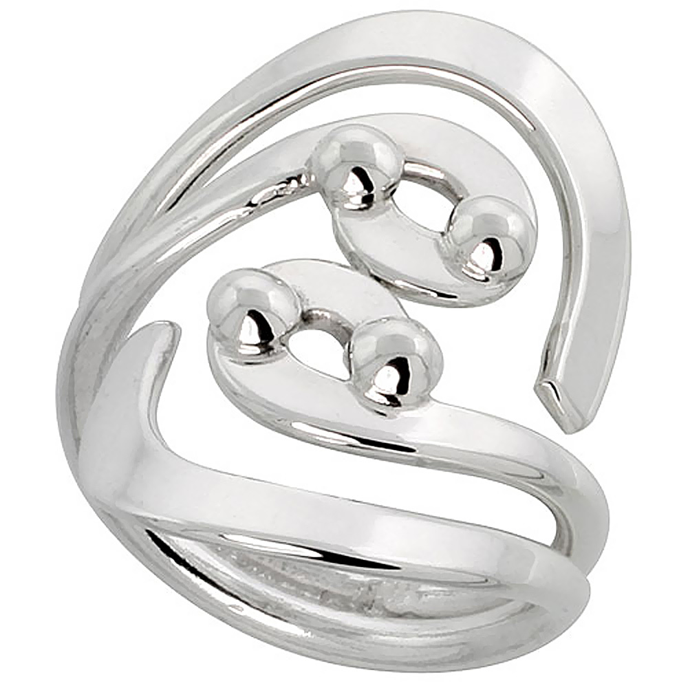 Sterling Silver Wire Wrap Ring for Women Swirls and Beads Bypass Handmade 1 1/4 inch long, sizes 6 - 10 