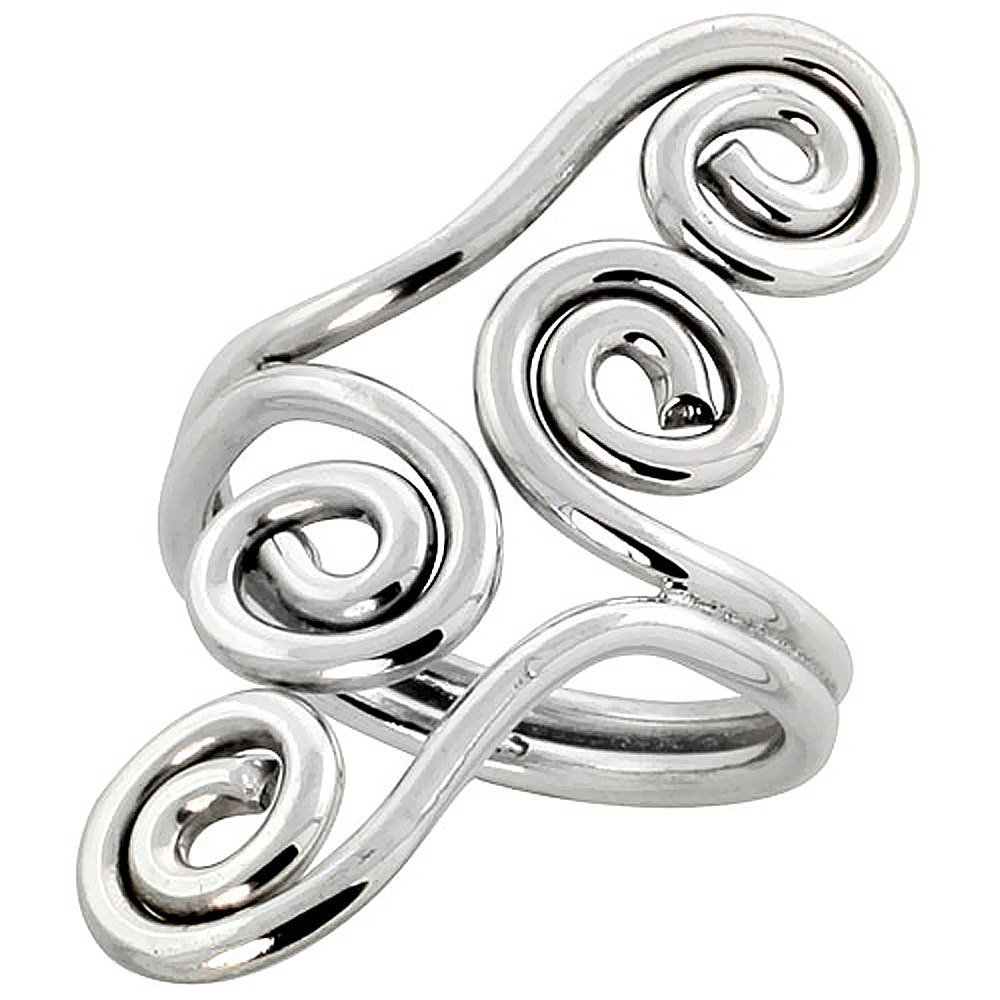 Sterling Silver Wire Wrap Ring for Women Double Swirls Bypass Handmade 1 1/4 inch long, sizes 6 - 10 