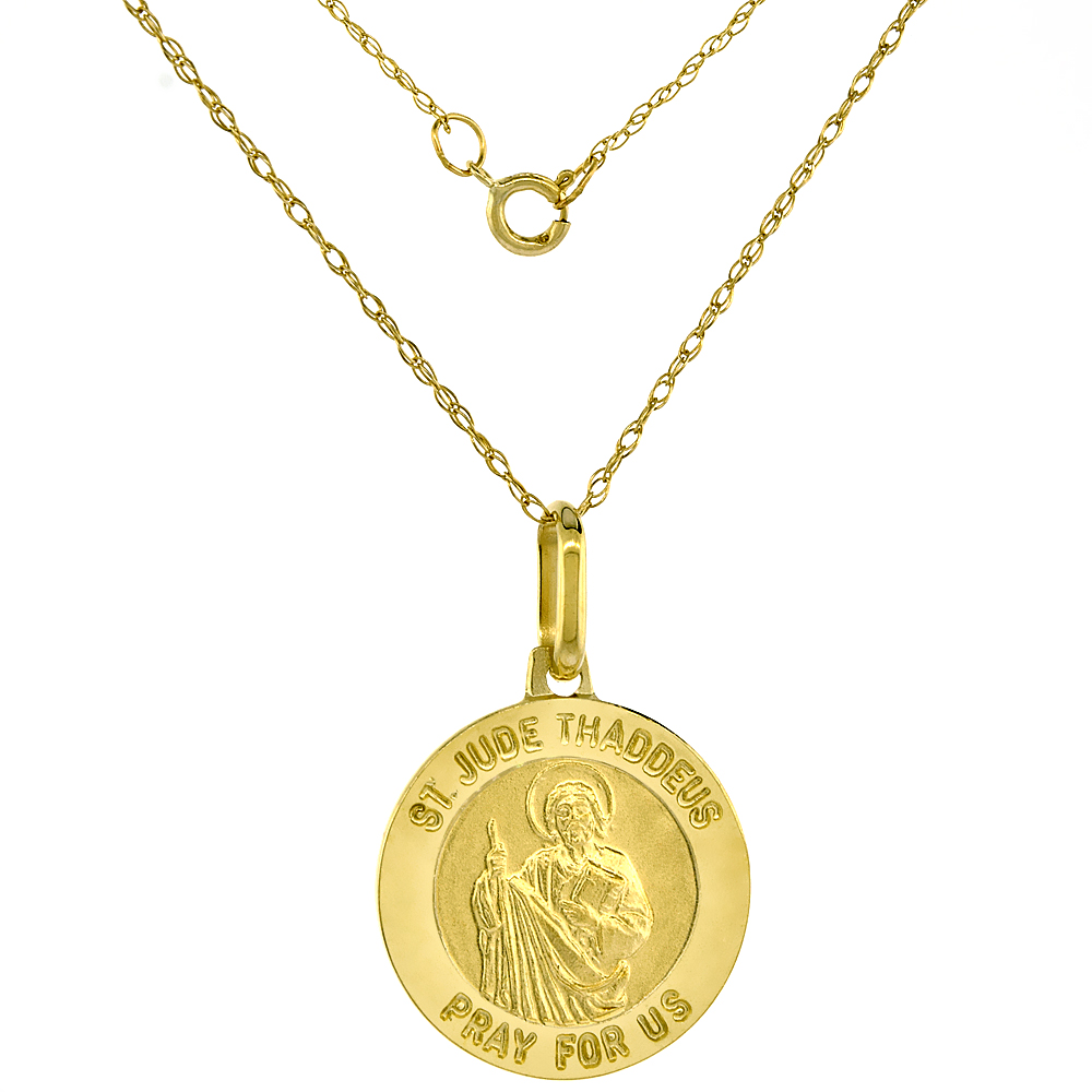 Dainty 14k Yellow Gold St Jude Medal Necklace 5/8 inch Round 18 inch chain Italy
