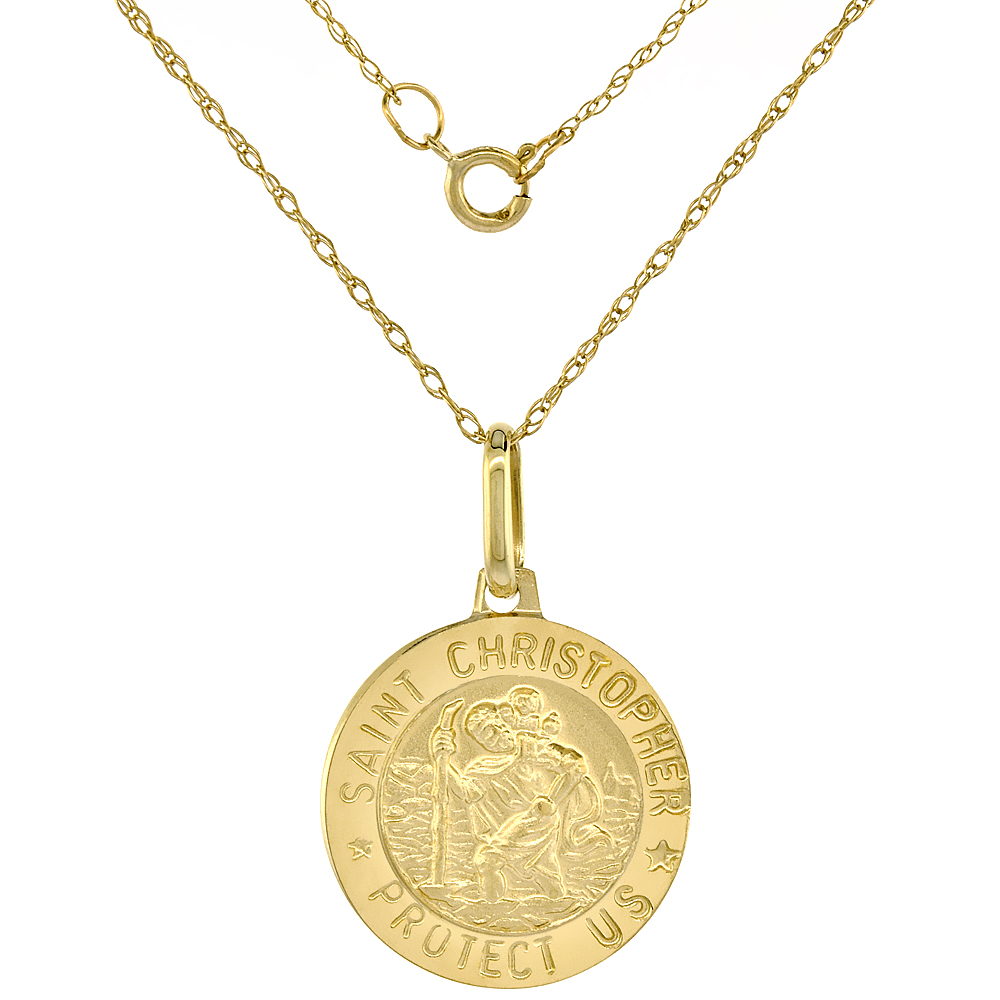 Dainty 14k Yellow Gold St Christopher Medal Necklace 5/8 inch Round 18 inch chain Italy