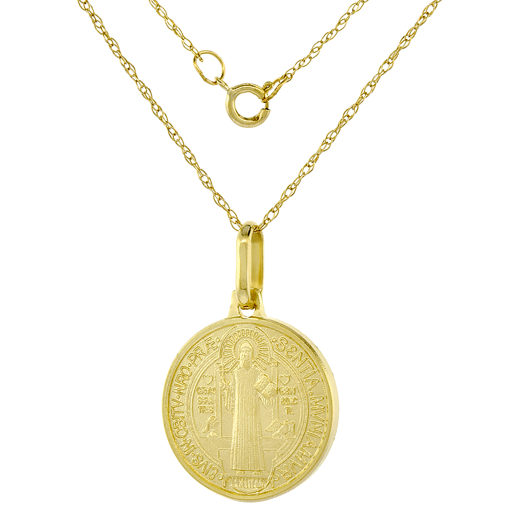 Dainty 14k Yellow Gold St Benedict Medal Necklace 5/8 inch Round 18 inch chain Italy