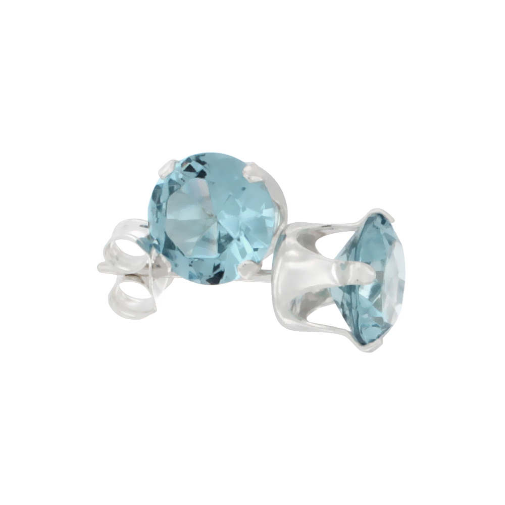 Sterling Silver Cubic Zirconia Blue Topaz Earrings Studs 6 mm Round Brilliant Cut 2 carat/pair