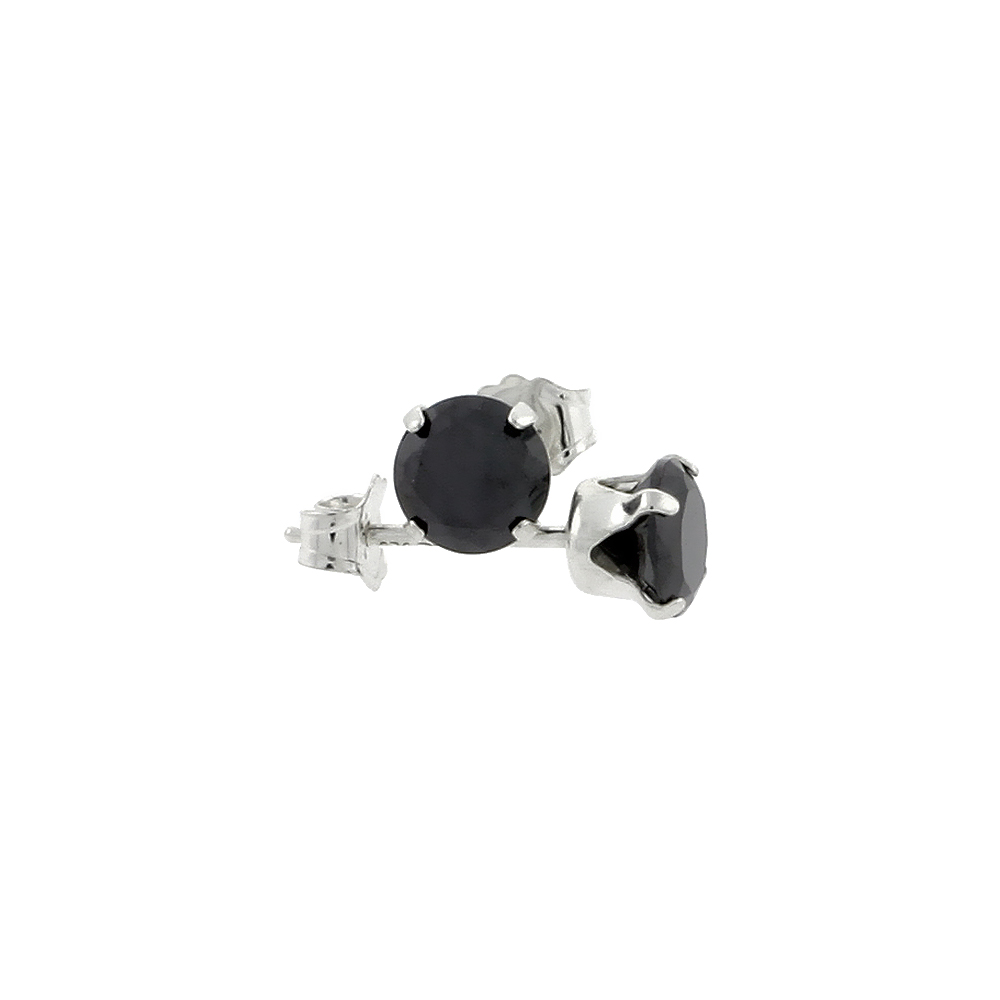 Sterling Silver Cubic Zirconia Black Earrings Studs 6 mm Round Brilliant Cut 2 carat/pair