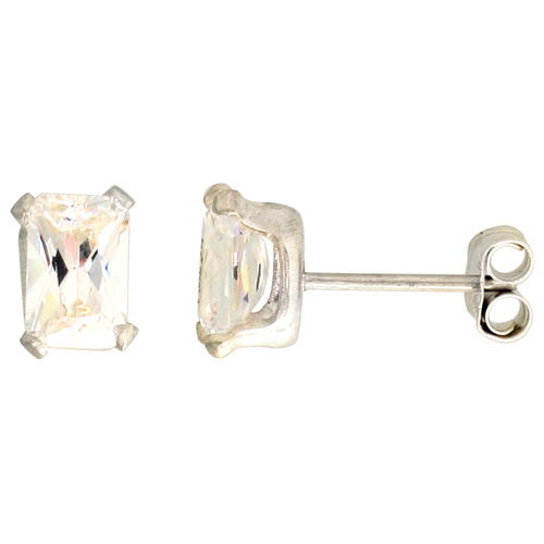 Sterling Silver Cubic Zirconia Emerald cut Earrings Studs 1 1/4 carat/pair