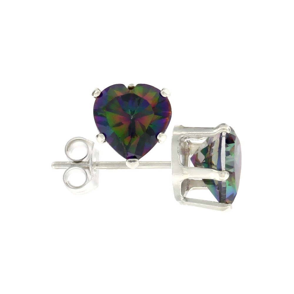 3 Pair Set Sterling Silver Cubic Zirconia Heart Mystic Topaz Earrings Studs 6 mm multi color 1.5 carats/pair