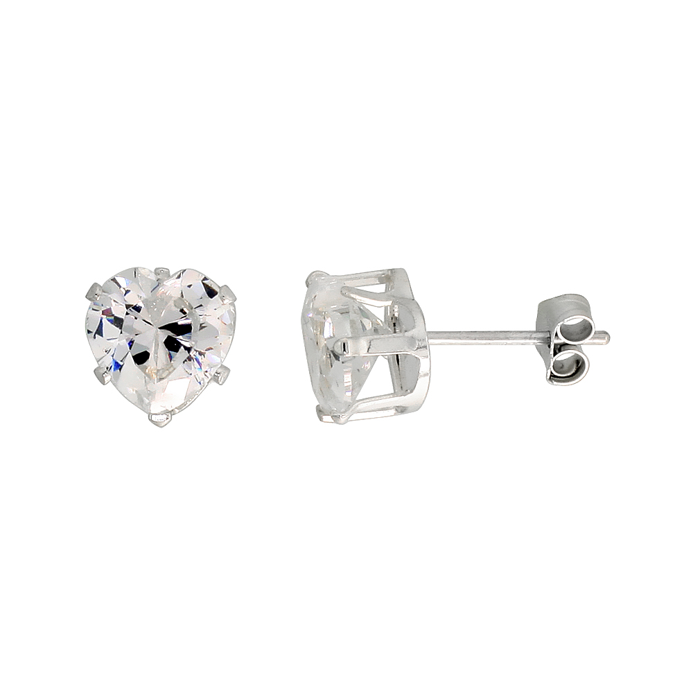 10 Pair Set Sterling Silver Cubic Zirconia Heart Earrings Studs 2 1/4 carat/pair