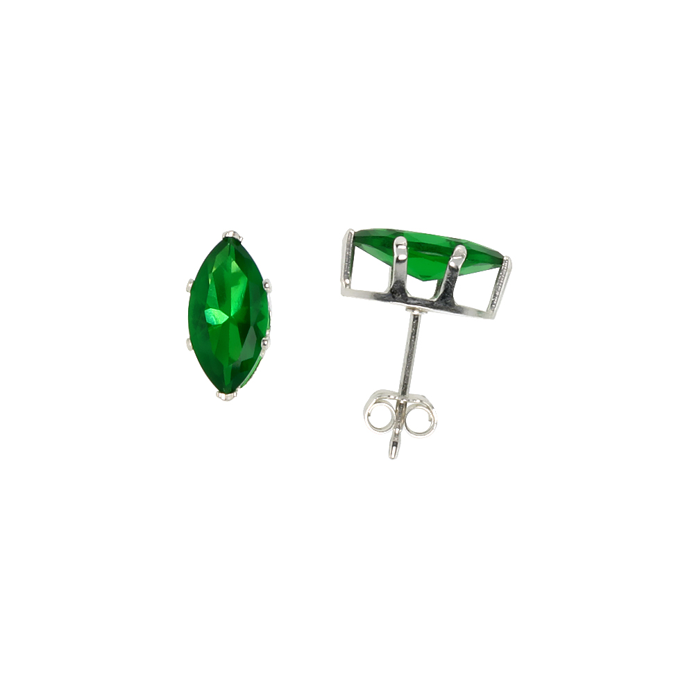Sterling Silver Cubic Zirconia Marquise Emerald Earrings Studs Green Color 10x5mm