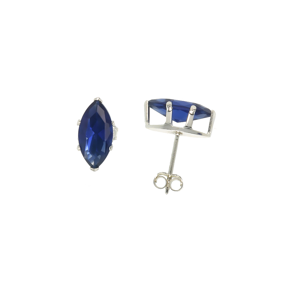 Sterling Silver Cubic Zirconia Marquise Sapphire Earrings Studs Navy Color 10x5mm