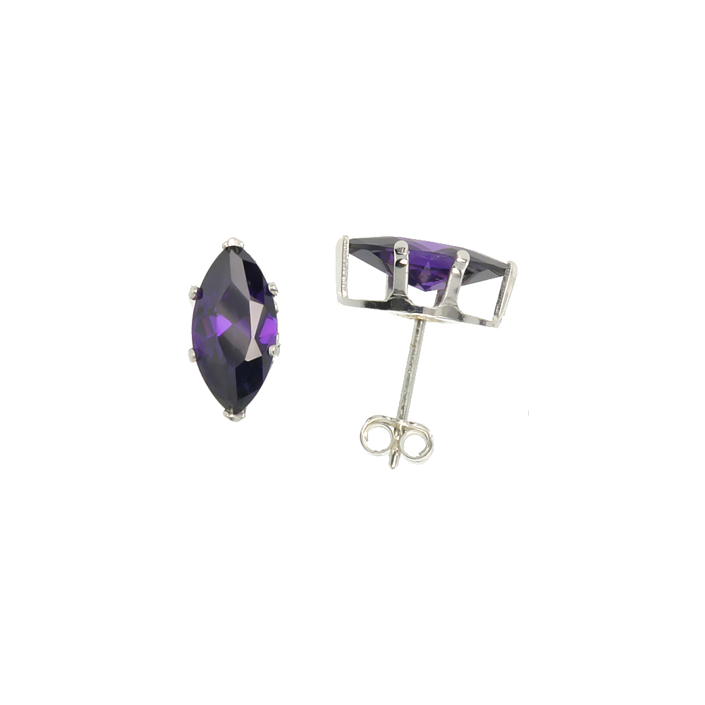 Sterling Silver Cubic Zirconia Marquise Amethyst Earrings Studs Purple color 10x5mm