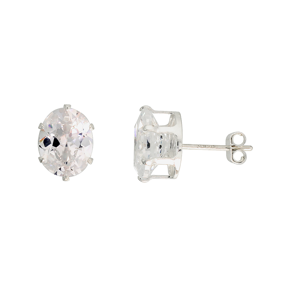 Sterling Silver Oval CZ Stud Earrings White 7X5 mm 1.5 carat/pair