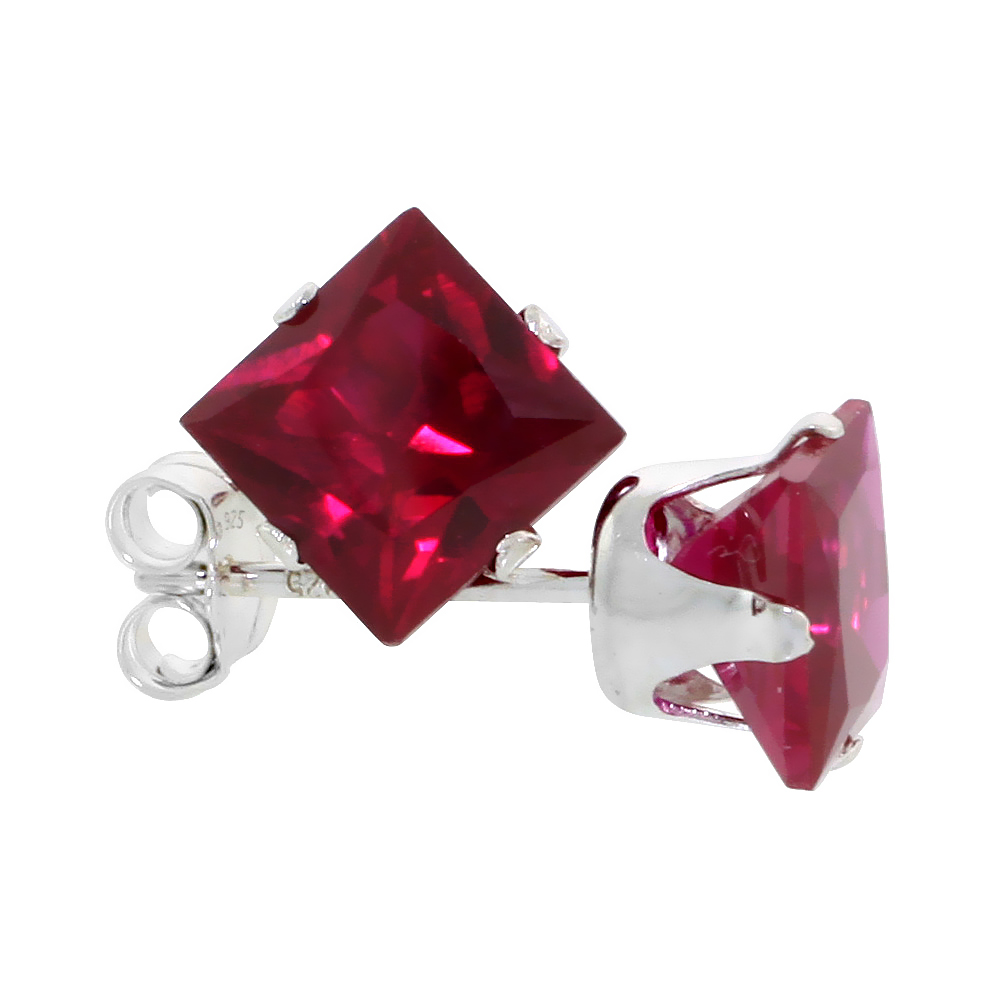 Sterling Silver Cubic Zirconia Square Ruby Earrings Studs 6 mm Princess cut Red Color 2.5 carats/pair