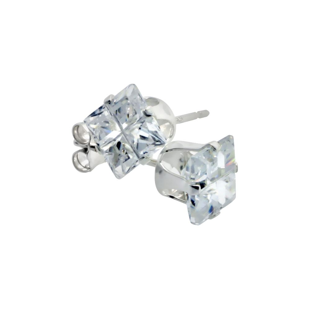 Sterling Silver Cubic Zirconia Invisible Cut Square Earrings Studs 6 mm 4 Prong 2.5 carats/pair