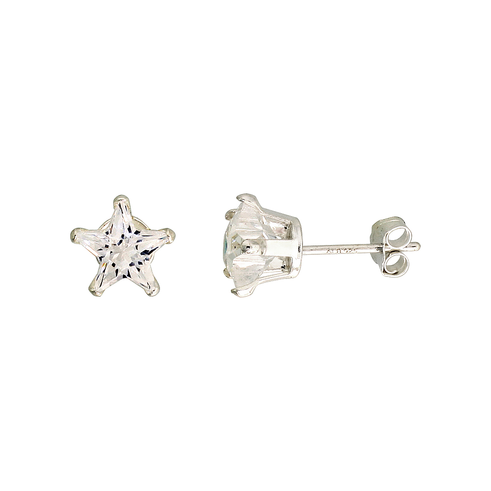 SET OF 5 pr.s Sterling Silver Assorted Colors Star CZ Stud Earrings 7 mm White Green Blue Purple and Pink
