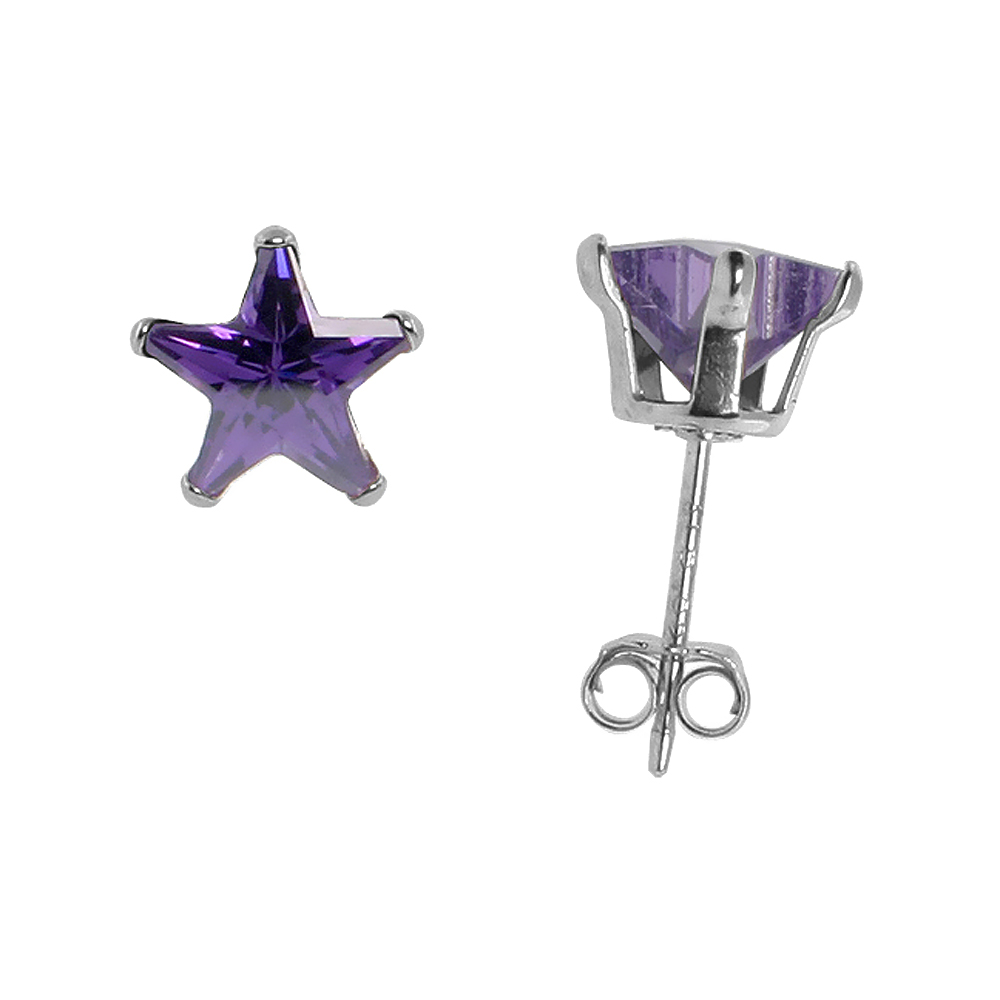 Sterling Silver Cubic Zirconia Amethyst Stud Earrings 7 mm Star Shape Purple Color