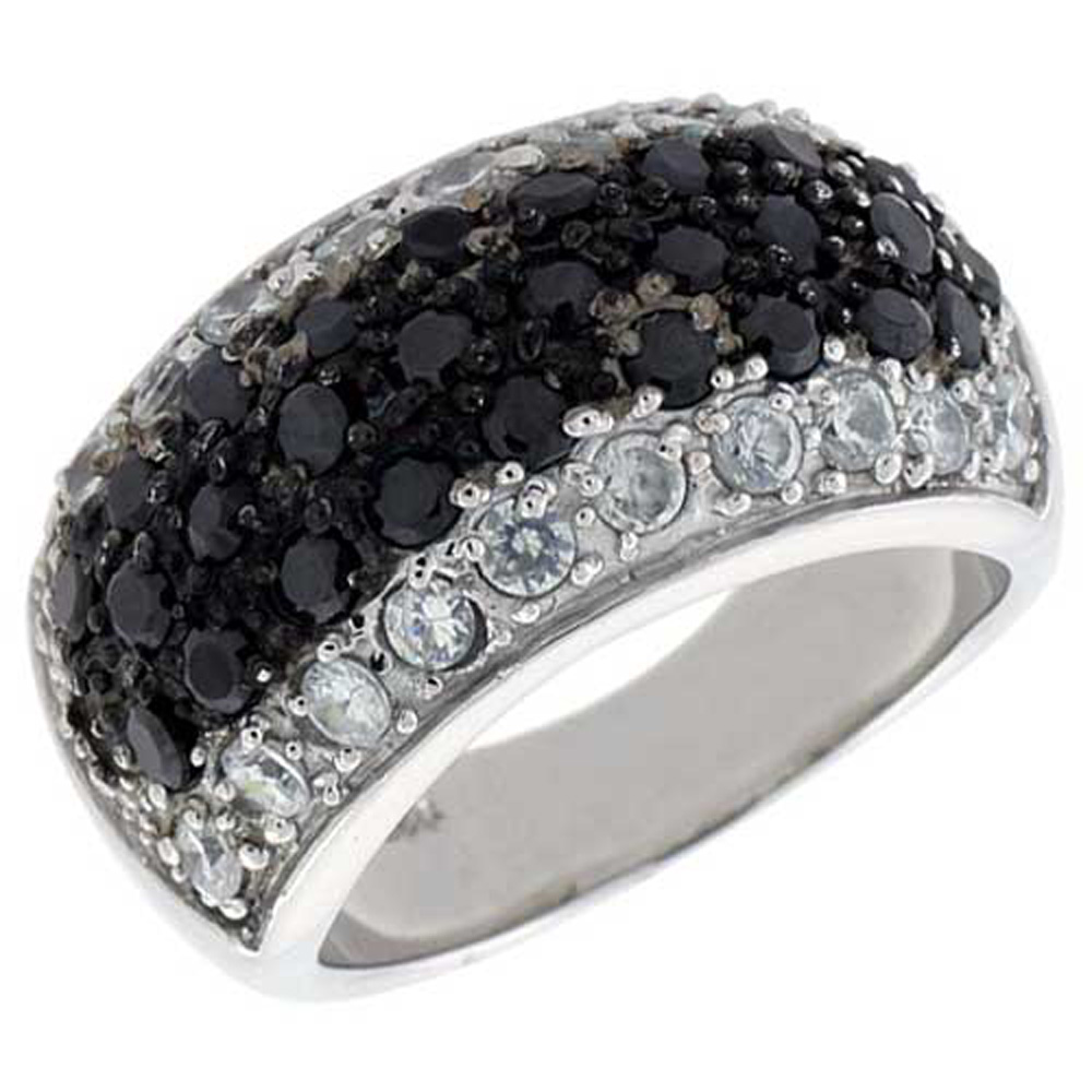 Sterling Silver Dome Ring, Rhodium Plated w/ 10 White & 28 Black 2mm CZ's, 7/16" (11 mm) wide