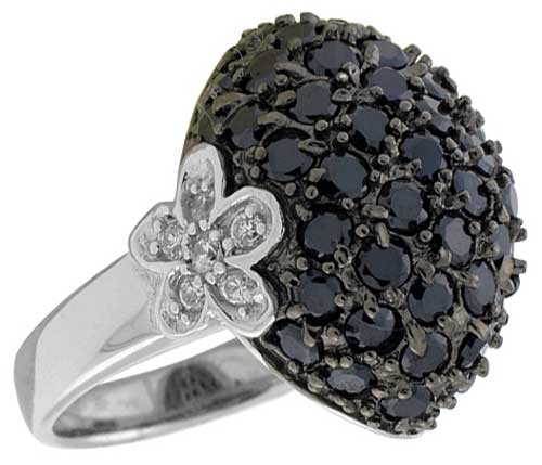 Sterling Silver Floral Ring, Rhodium Plated w/ 12 White &amp; 45 Black 2mm CZ&#039;s, 3/4&quot; (19 mm) wide