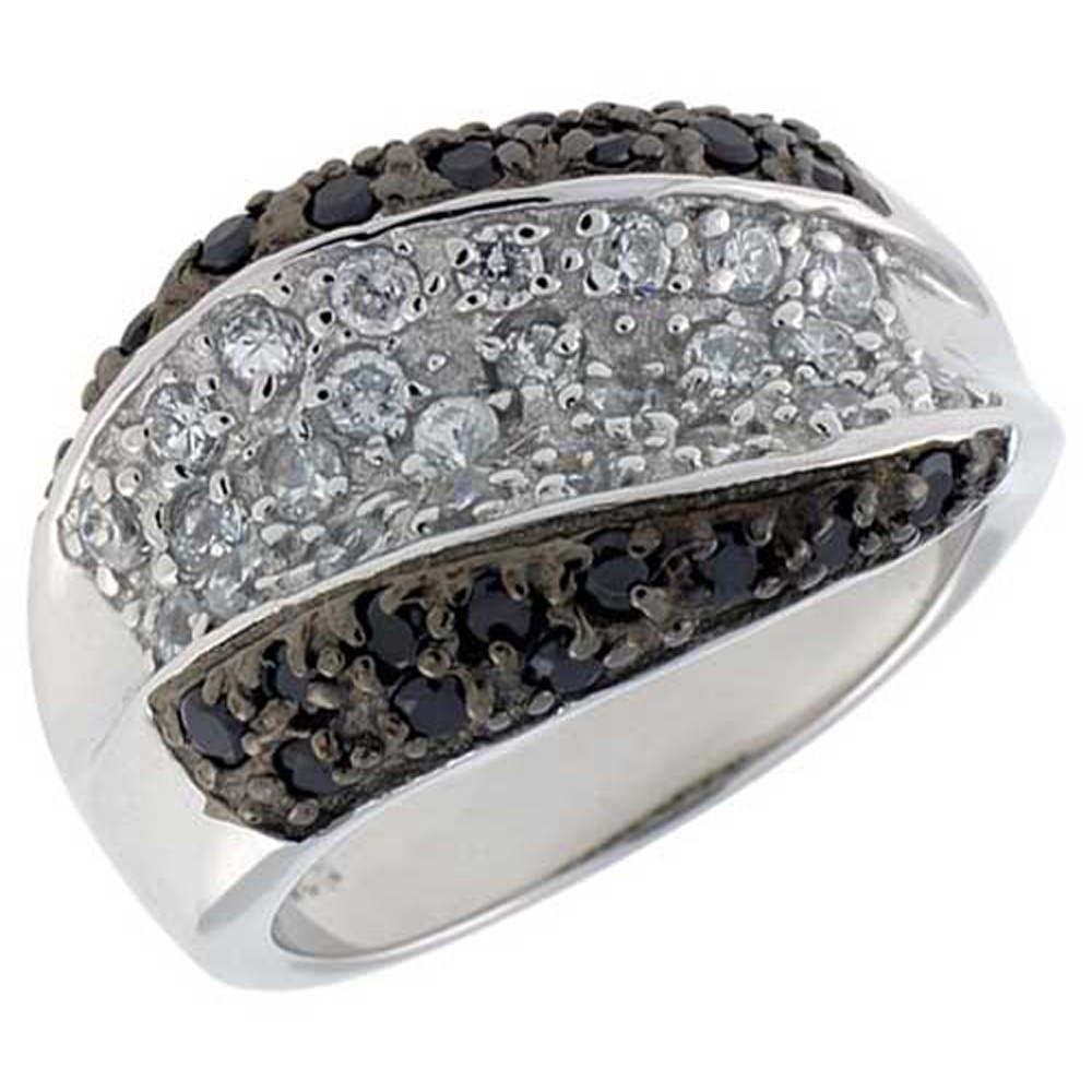 Sterling Silver Dome Ring, Rhodium Plated w/ 25 White &amp; 22 Black CZ&#039;s, 9/16&quot; (14 mm) wide
