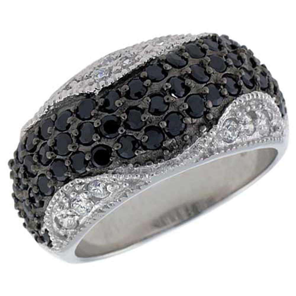 Sterling Silver & Rhodium Plated Dome Ring, w/ 2mm High Quality CZ's (15 White, 52 Black), 7/16" (11 mm) wide