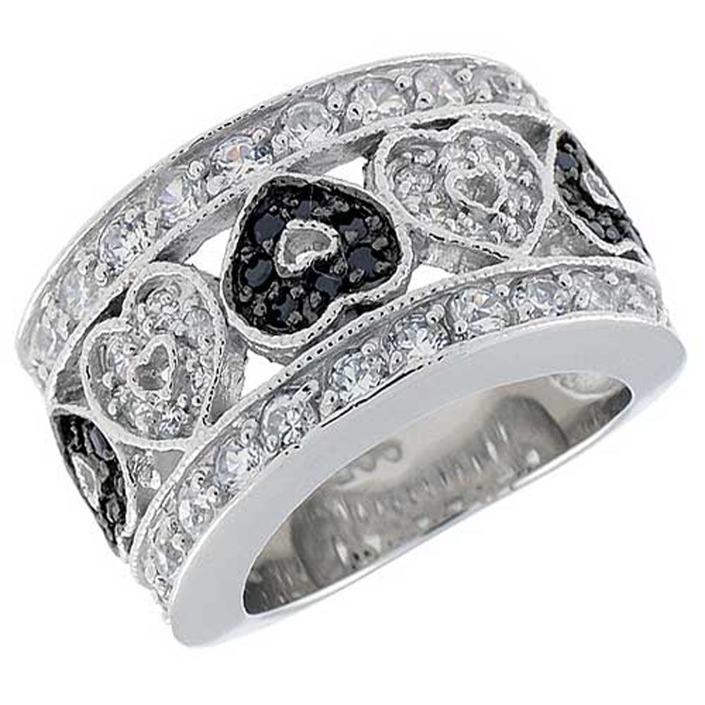Sterling Silver &amp; Rhodium Plated Hearts Band, w/ Tiny High Quality Black &amp; White CZ&#039;s, 9/16&quot; (14 mm) wide
