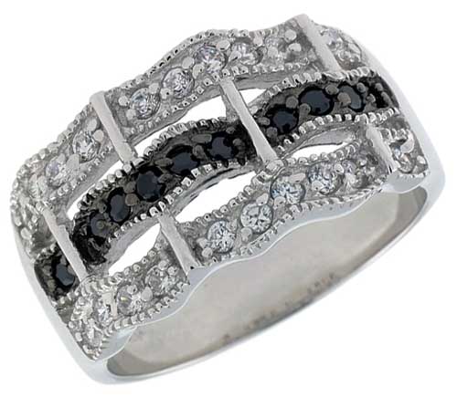 Sterling Silver & Rhodium Plated Wavy Band, w/ Tiny High Quality CZ's (20 White, 10 Black), 1/2" (12 mm) wide
