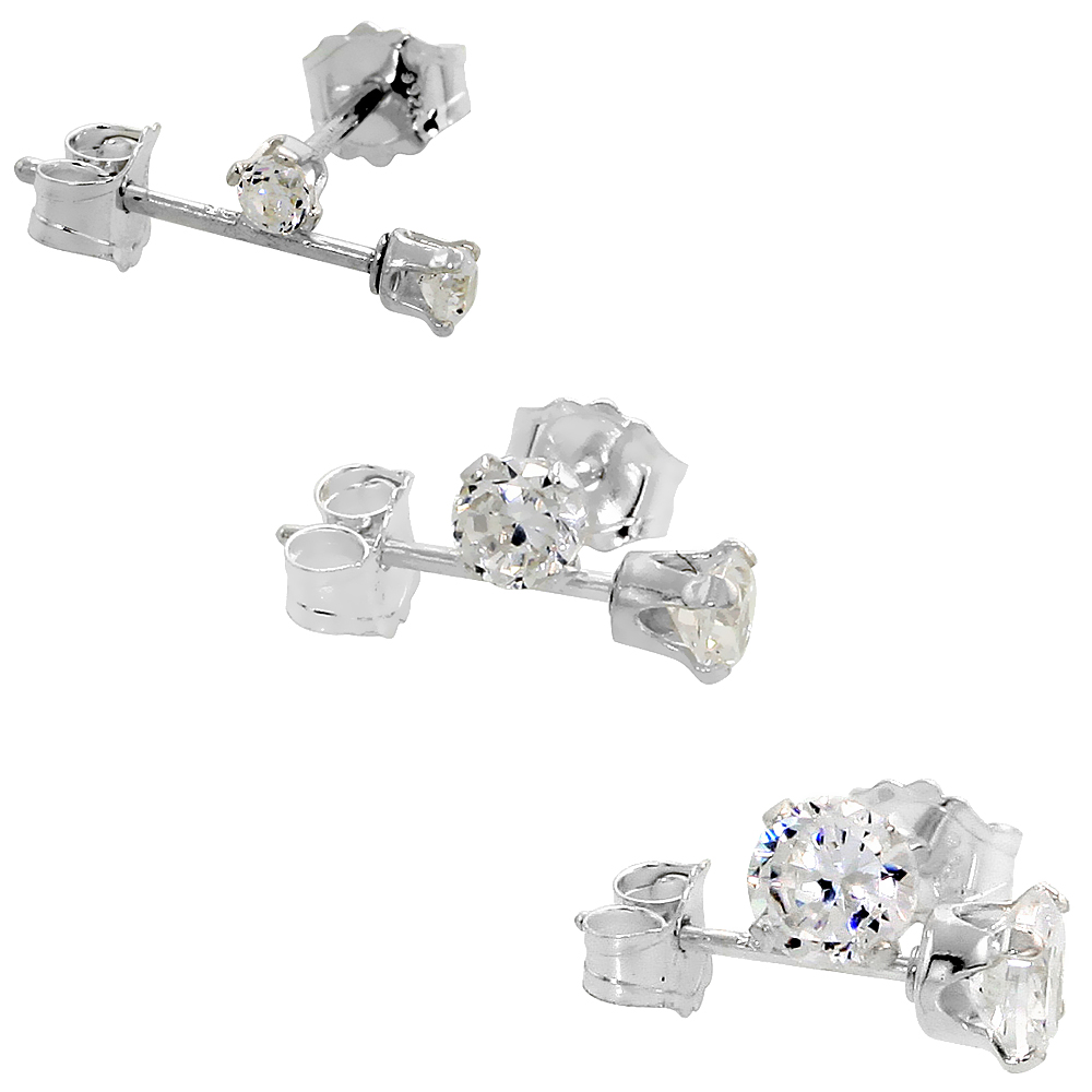 3 Pair Set Cubic Zirconia Earrings Studs Cartilage 2, 3 and 4mm in Sterling Silver &amp; 14k Gold