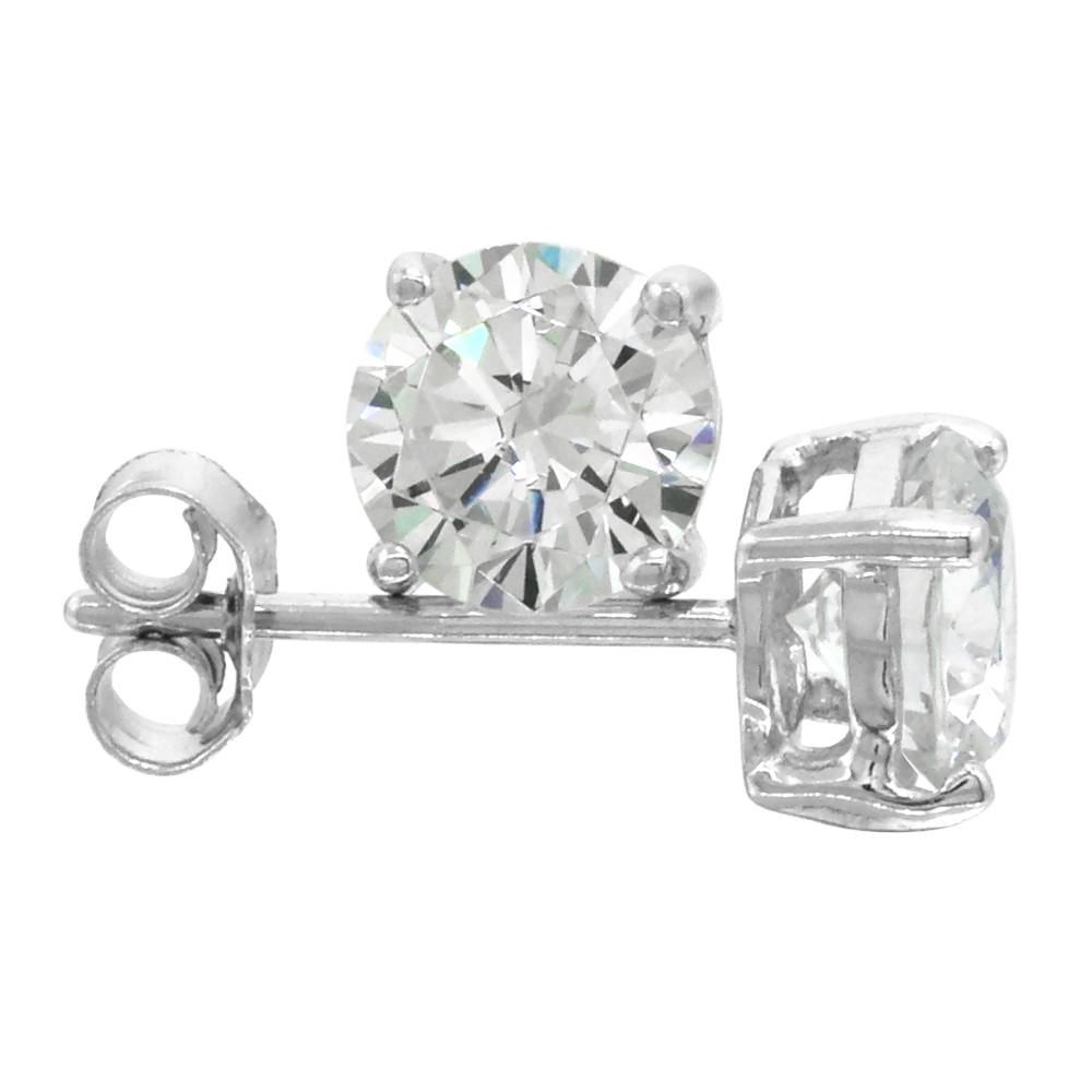 Sterling Silver 6mm CZ Stud Earrings Brilliant Cut White Coated Basket Setting Color Platinum 2 ct/pr