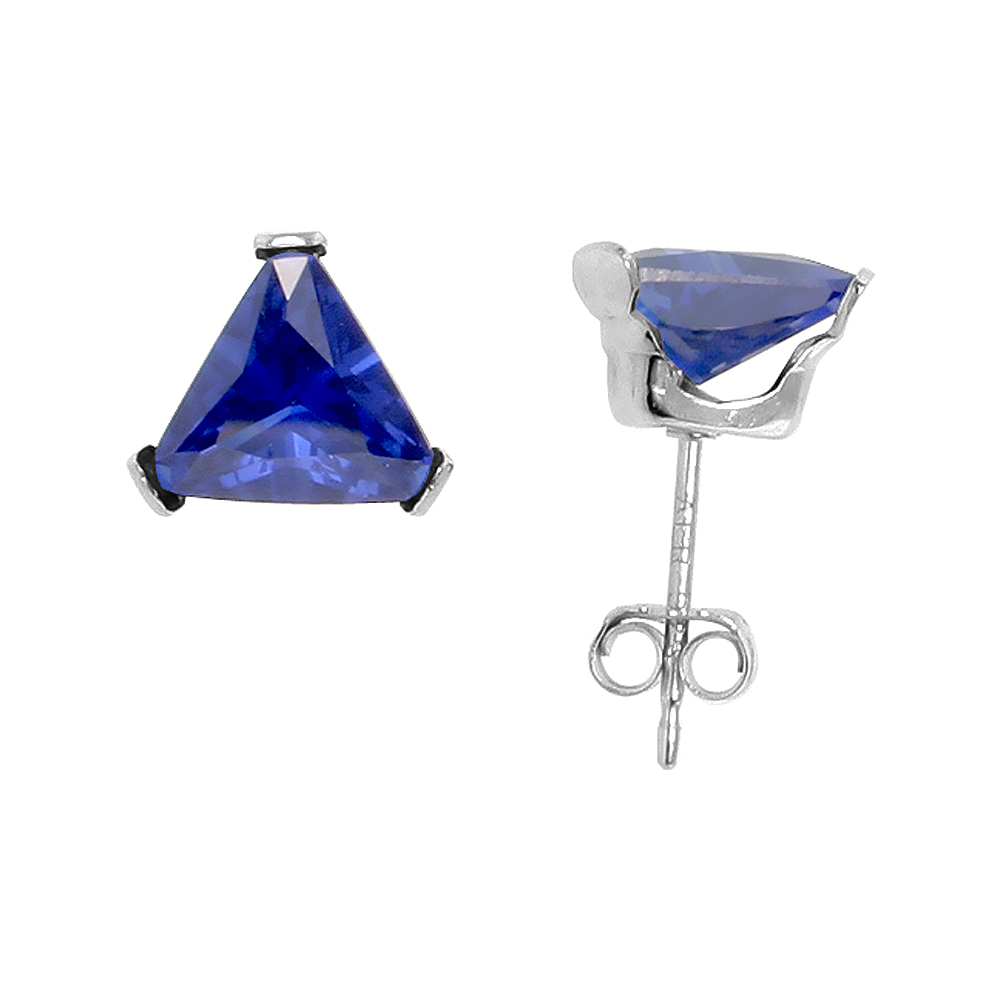 Sterling Silver Cubic Zirconia Triangle Sapphire Earrings Studs 7 mm Navy color 2 1/4 carat/pair