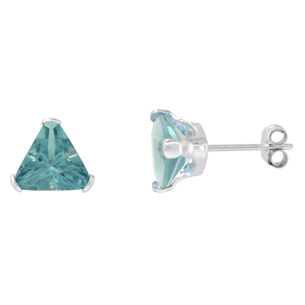 10 Pair Set Sterling Silver Cubic Zirconia Triangle Blue Topaz Earrings Studs 7 mm 2 1/4 carat/pair