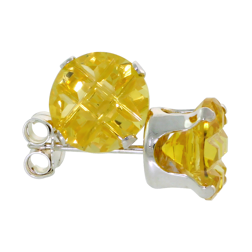 Sterling Silver Cubic Zirconia Citrine Earrings Studs Yellow Invisible Cut 2.5 carat/pair